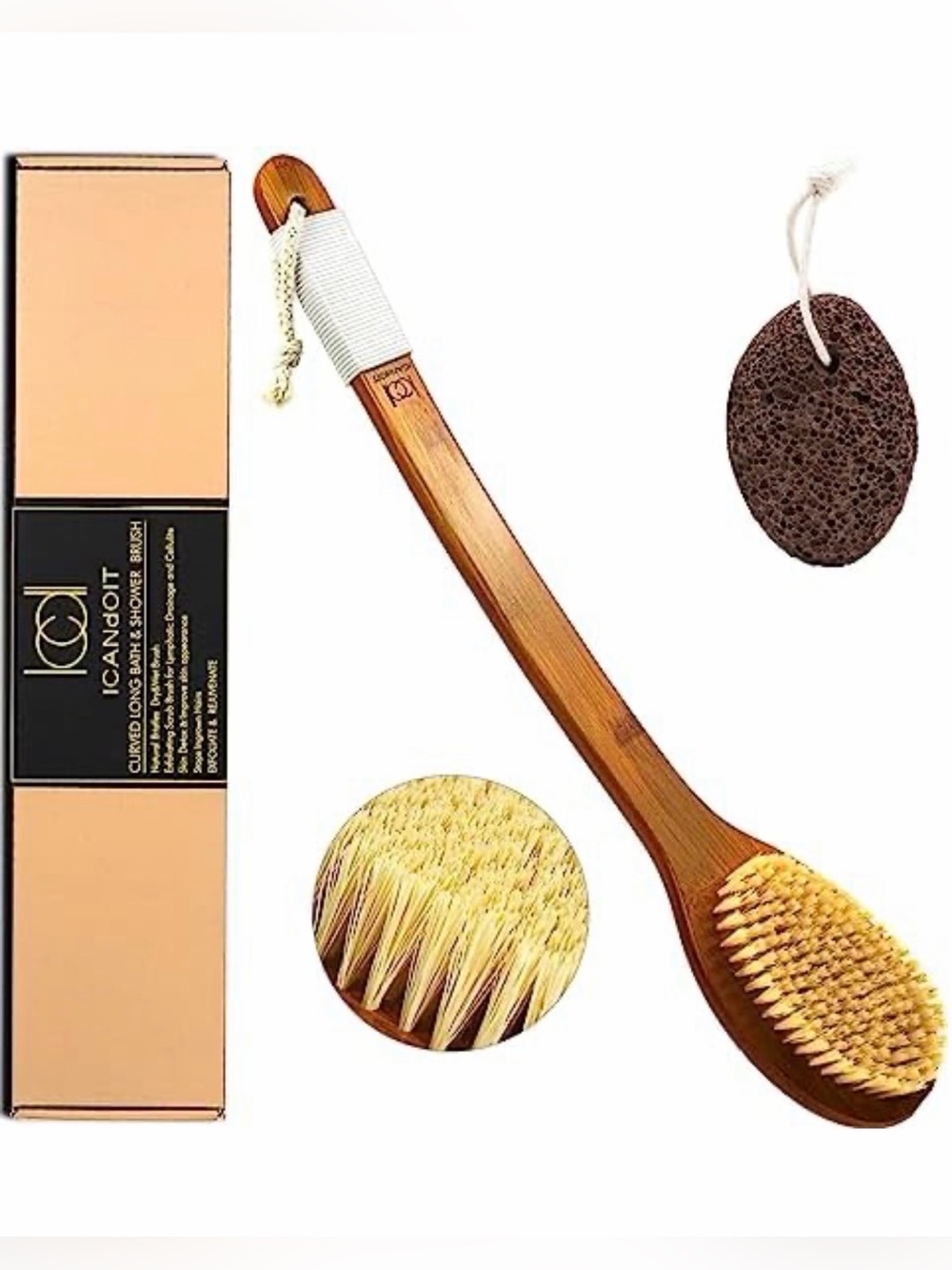 ICANdOIT- 17.71” Pure Boar Bristles Anti-Slip Curved Long Handle Bath Brush- NWT